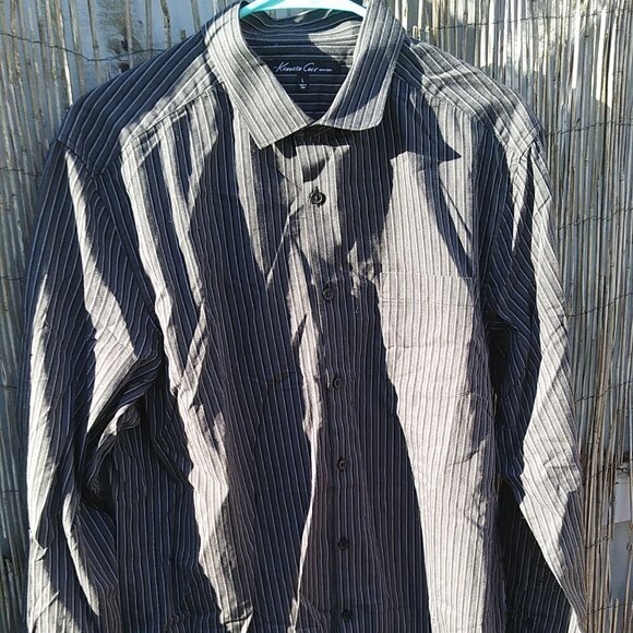 Kenneth Cole Men's Gray Black White Thin Striped Button Down - L - Picture 2 of 11